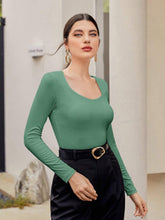 Women's Round Neck Long Sleeve Solid Color Slim Fit Elegant T-Shirt